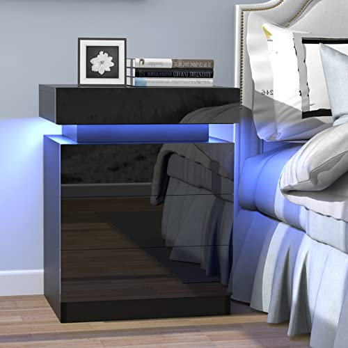 Lvhcmfohm Nachttisch Schwarz mit Led Licht, Nachttische, Nachtschrank mit 3 Schubladen und 16 Farben Beleuchtung (45x35x61cm)