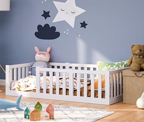 Bellabino Tapi Bett 80x160 cm, Kinderbett mit Rausfallschutz, inklusive Lattenrost, Montessori Bodenbett für Jungen und Mädchen aus Kiefer Massivholz, weiß lackiert, Bed