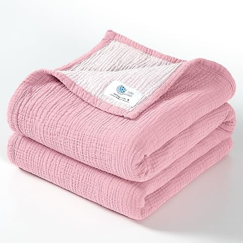 lulumoon Musselin-Babydecke – Baumwoll-Steppdecke für Kleinkinder – wendbare Kinderbettdecke für Babys, Jungen und Mädchen, 120 x 120 cm (Rosa)