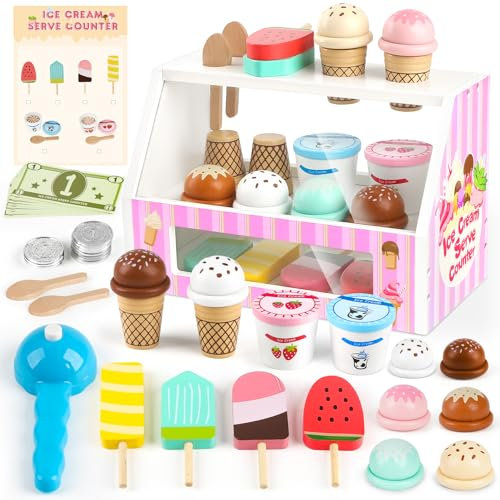 Dreamon Gelateria Giocattolo per Bambini 2 3 anni, 38 PEZZI Giocattoli in Legno Carretto Gelati Giocattolo, Giochi Bambini Montessori, Regalo Bambina 2 3 4 anni