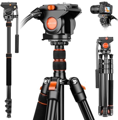 JOILCAN Treppiede Video da 183cm, Treppiede in Alluminio con Testa Fluida a 360° & +90°/-70° per Fotocamera DSLR/Videocamera, Treppiede Fotocamera Monopiede con Piastra QR, Carico Massimo 33 libbre