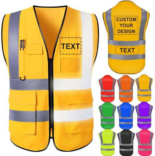 Nevaou Sicherheitsweste für Herren, personalisierbar, mit Logo, reflektierende Warnwesten, mit Taschen und Reißverschluss, Arbeitskleidung, Schutz im Freien, gold, 4XL-6XL