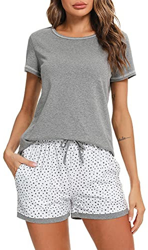 Litherday Pyjama für Damen, Sommer, Kurze Ärmel, Pyjama-Set, Baumwolle, Nachtwäsche, Bedruckt, kariert, bequem, weich, atmungsaktiv, A Dunkelgrau., 48