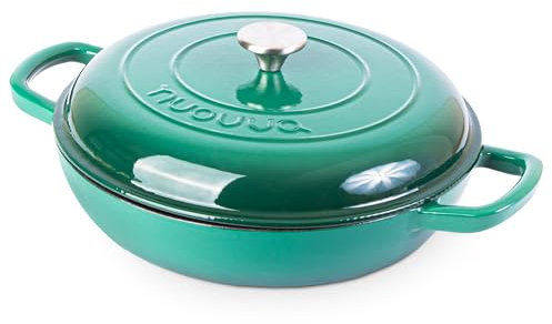 Shallow Cast Iron Casserole with Lid – Non Stick Dutch Oven Pot, Oven Safe up to 500° F – Sturdy Ovenproof Stockpot Cookware – Enamelled Cooking Pot – Dark Green, 3L, 30cm – by Nuovva