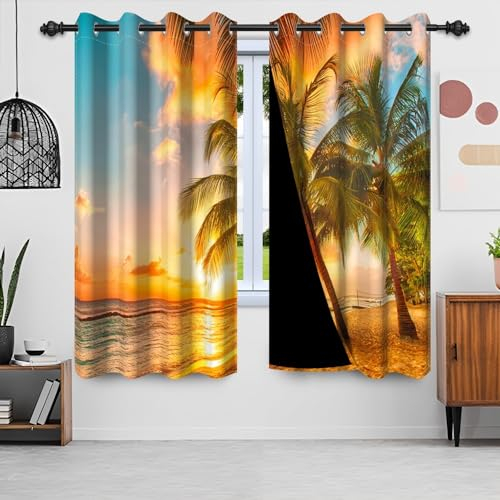 Gardinen Palmen, Uiiooazy Vorhänge Grün Blätter Tropisches Naturel Landschaft Gardinen Blickdicht Thermovorhang Polyester Thermogardine Verdunklungsvorhänge mit Ösen für Wohnzimmer, 2er Set, 140x245cm