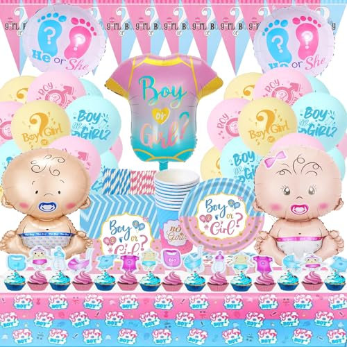 SunwE 115 pcs Gender Reveal Vaisselle, Gender Reveal Party Decoration, Boy Or Girl Bannière Ballons, Kitde Vaisselle Baby Shower Decoration, Assiette Coupe Serviette Nappe Gender Reveal Vaisselle