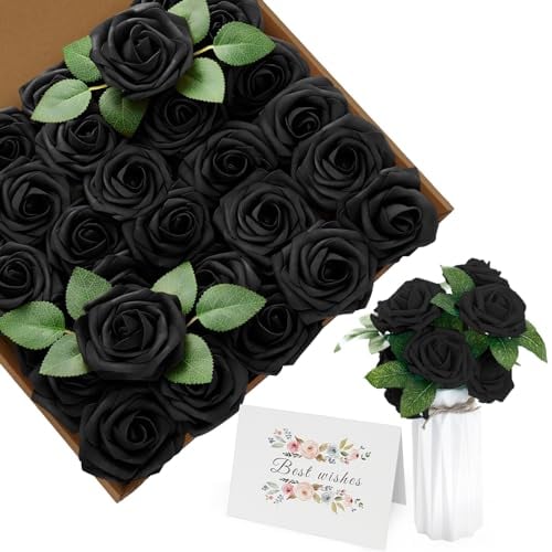 ilauke Künstliche Blumen Schwarz Rosen, 30 Stück 8cm Blumenstrauß Künstlich Deko Blumen Fake Rosen mit Stielen und Karte für Valentinstag Hausgarten Geburtstag Party DIY Hochzeit Dekoration