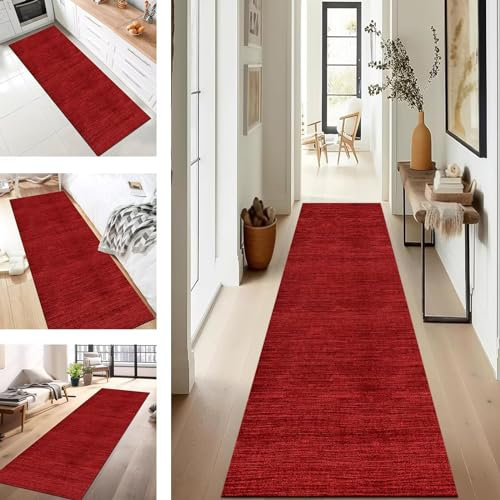 SUCERU Läufer Teppich Lang Flur Küche rutschfest Waschbar Korridor Teppichmatten Rot 80X450CM Küchenteppich Küchenläufer Modern Teppichläufer Flur Schlafzimmer Wohnzimmer Meterware Eingang
