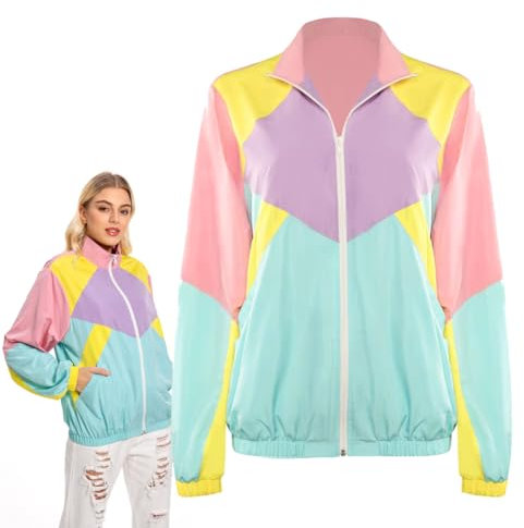 Fortunezone 80er Jahre Kostüm Erwachsene Patchwork Jacke Damen Langarm Reißverschluss Workout Jacke