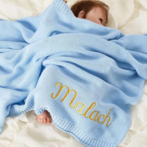 HERSTL Personalisierte Babydecke Mit Namen - Geschenke für Baby, Sommer Decke (Sky Blue)