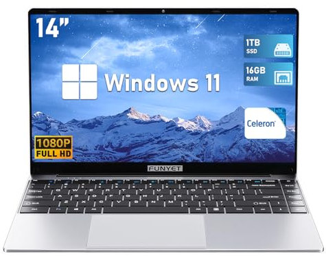FUNYET Laptop da 14,1 pollici, Celeron N5095 (4-core, 4-thread, fino a 2,9Ghz), Win11 portatile, 16GB RAM+1TB SSD IPS FHD 1920 * 1080,apertura e chiusura a 180°Laptop sottile e leggero,USB3.0, BT5.0