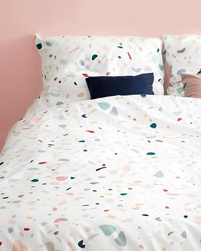 HOP DESIGN Bettwäsche 135x200 Baumwolle Bettwäsche-Sets, Bettbezug 135x200 Weiß mit Terrazzo Muster - Bettbezüge Sommerbettwäsche, Duvet Cover mit 1 Kissen Bezug 100% Baumwolle für Allergiker