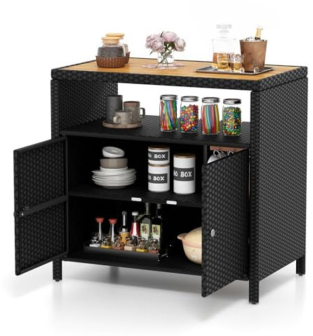 COSTWAY Armadietto Portaoggetti in Rattan, Mobile Buffet per Esterni in Legno di Acacia, Con Compartimento Aperto e Armadio Chiuso a 2 Ante, per Piscina, Terrazza e Patio, 90 x 53 x 86 cm (Nero)