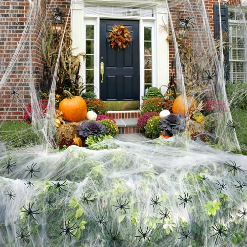 Halloween Deko - 200g Dehnbare Spinnenweben Mit 40 Stück Realistische Kunststoff Spinnen, Outdoor Spinnennetz für Party, Garten, Spukhaus, Hof Dekoration
