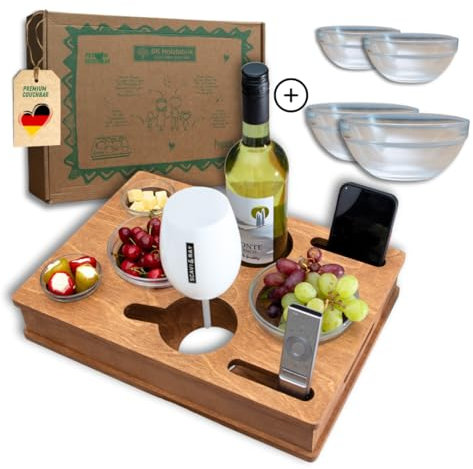 PEGSEN Couchbox in Eiche mit 4 Glasschalen | Sofabar für Snacks & Getränke | Couchbar Snackbox | Snackbar für die Couch | Couch Tablett mit Getränkehalter | Couch Organizer | Sofa Butler