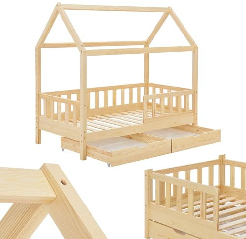 Juskys Kinderbett Marli 80 x 160 cm mit Matratze, Bettkasten, Rausfallschutz, Lattenrost & Dach - Massivholz Hausbett für Kinder - Bett in Natur