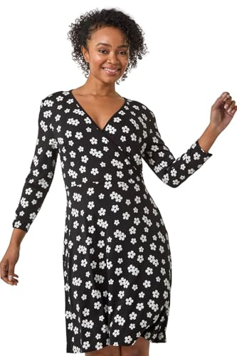 Roman Wrap Tea Dress for Women UK Ladies Fit Flare Skater Swing Stretch Frill Long & Short Sleeve Evening Cocktail Party Work Office Smart Casual Knee Length - Petite Noir - Size 16