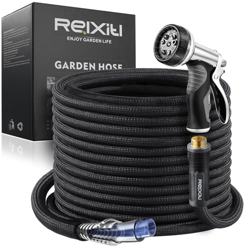 Relxitl Gartenschlauch, ultraleichter Wasserschlauch, 15 m | Felxible, Sprühkopf mit 10 Funktionen, auslaufsicher, druckfest, für Hof, Outdoor, nicht erweiterbar, Schwarz
