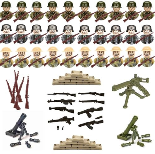 1 kit de figurines soldats d'action, soldats, 30 mini figurines militaires, comprend un mortier, 2 mitrailleuses, 1 plaque de fond, 20 sacs de sable, parfaits pour les amateurs d'histoire