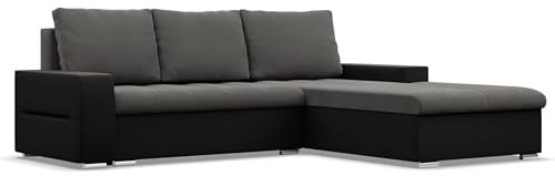 Mebligo - Ecksofa mit Schlaffunktion und Bettkasten Aurora, Eckcouch mit Ottomane Rechts, Sofa L Form (BxTxH) 243 x 200 x 92 cm, Couch Wohnzimmer, Ecke Sofa, Dunkelgrau + Schwarz (Samt und Kunstleder)