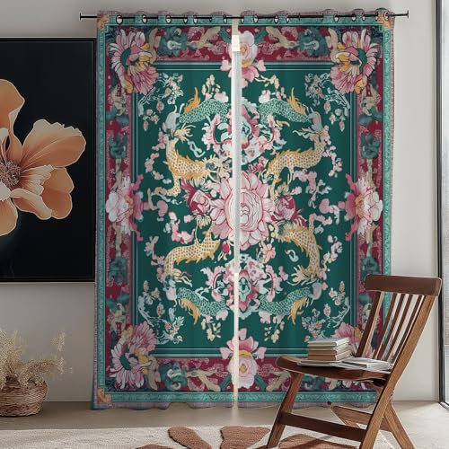 Style Chinois Rétro Rideau 117L X 228H cm Phonique Anti Bruit, Motif Dragon Chinois Rideaux Occultant Thermiques, Imprimé Floral Élégant Voilage Fenetre Intérieurs Chambre Salon, Lot de 2 à Oeillets
