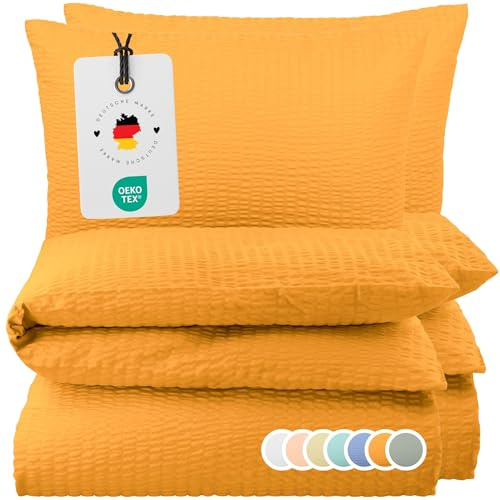 Carpe Sonno Seersucker Bettwäsche 155x220 cm 2er-Pack Baumwolle – Orange | Kühlende Sommerbettwäsche mit Reißverschluss, bügelfrei | Deckenbezug + Kissenbezug 80x80 | ganzjährig, pflegeleicht