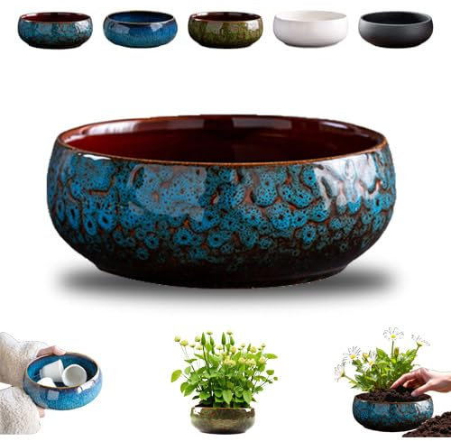 Lotus Bowl Pot de fleurs en céramique pour plantation dans l'eau à l'intérieur, pots pour plantes succulentes hydroponiques, esthétiques uniques et émaillés pour bonsaï (bleu)