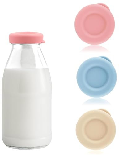 3Pcs Milk Bottle Tops, Reusable Silicone Lids for Glass Milk Bottles, Leakproof & Dishwasher Safe, Colorful Glass Milk Bottle Lids Perfect Fit for Stanpac & Libbey Glass Milk Bottles