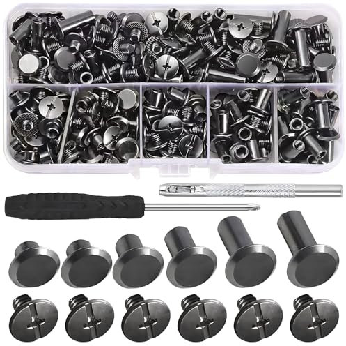 KAIYAYA 120 Pièces Rivet Cuir M5 x 4/5/6/8/10/12mm Rivets pour Cuir, Vis Chicago Noir avec Trou Poinçon et Tournevis, Rivet a Visser pour Ceinture Cuirs DIY Livre Artisanat Ceinture Portefeuille