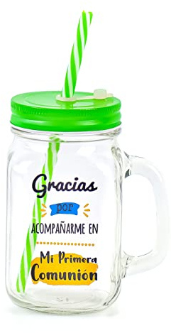Pack de 6 a 24 uds, Jarras Cristal Comunión con Pajita, Frase “Gracias por Acompañarme”, 480 ml, Tapa de Colores Surtidos, 13,5 x 7 cm, Detalles para Invitados, Regalantes (9, Verde)