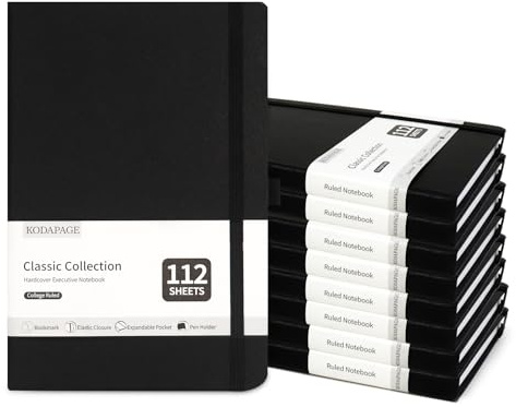 KODAPAGE A5 Liniert Notizbuch, Notebook Hardcover, 112 Blätter (224 Seiten) für zu Hause, Schule und Arbeit-8 Stücke (Schwarz)