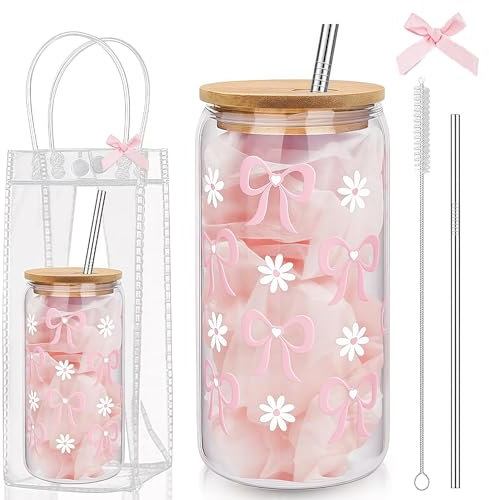 Cosmeria Verre à Boire avec Paille et Couvercle, Verre esthétique avec Sac Cadeau, gobelet à café glacé 16 oz, réutilisable pour Smoothies, Bubble Tea