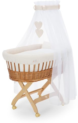 FabiMax Stubenwagen Natur Komplettset mit Matratze, Musselin-Schlafsack oder Bettwäsche, Himmel & Weidenkorb (Decke/Kissen, Creme)