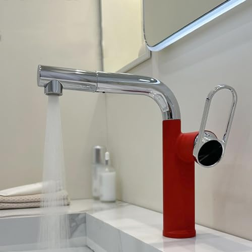 BiaoTeng Waschtischarmatur Ausziehbar mit Brause 360° Drehbar Warm und Kalt Mischbatterie Bad Messing Badezimmer Wasserhahn Rot + Silber