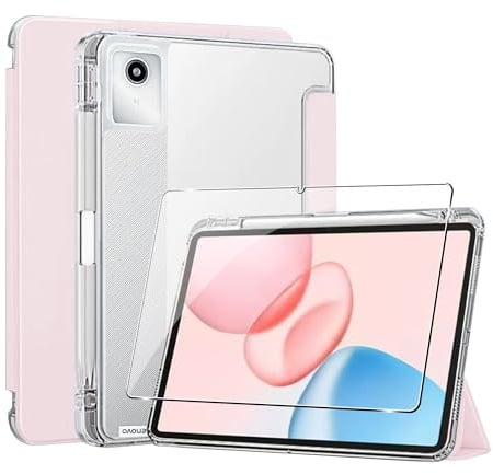Fhyeugfy Custodia per Lenovo Idea Tab 11'' con Portapenna [con 1 Pezzi Vetro Temperato Pellicola Protettiva],Auto Sveglia/Sonno,PC Trasparente Cover-Rosa