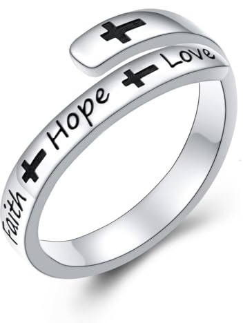 DAOCHONG Glaube Hoffnung Liebe Kreuz Ringe 925 Sterlingsilber Wickel Offen Verstellbare Ringe für Frauen Inspirierende Schmuck Geschenk