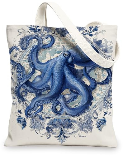 Octopus Canvas-Tragetaschen, Meerestier-Muster, wiederverwendbare Taschen, Vintage, leicht, waschbar, Schultergurt, Segeltuch für Fitnessstudio