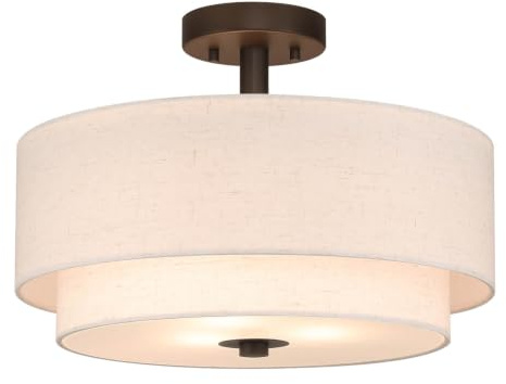 XiNBEi Lighting 40cm Dark Bronze Ceiling Light Double Linen Shade, Bedroom | 3-Light Semi Flush Mount Ceiling Light, Frosted Glass Diffuser, E27, Modern Chandelier for Living Room Dining Room Foyer Loft