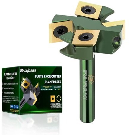 BALUGAEA Planfräser Holz für Oberfräse 8mm Schaft 38,1mm Wendeplattenfräser | Leichter Aluminiumkörper mit 4 Stück Hartmetall-Wendeplatten für vibrationsarmes Planfräsen auf Oberfräsen und CNC.