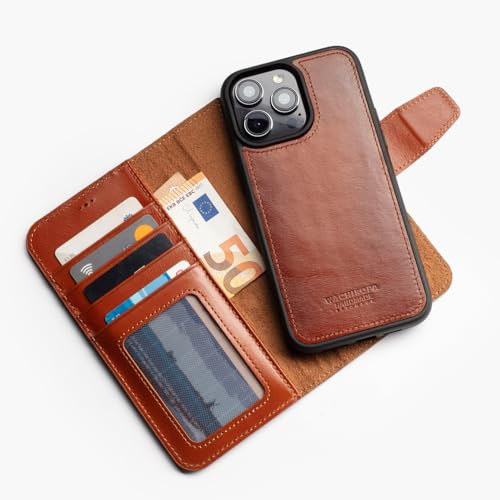 WACHIKOPA Leder Handyhülle kompatibel mit iPhone 15 Pro Max, Handgefertigtes Wallet Case mit Kartenfächern, Magnetverschluss, Standfunktion, Schutzcover (British)