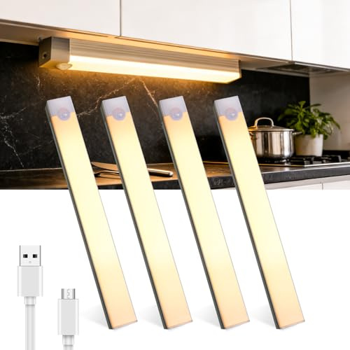 Lamptobe 4 Stück Unterbauleuchte KücheLled Schrankbeleuchtung mit Bewegungsmelder USB-C,2W Wiederaufladbar 20CM 3000K Dimmbar Unterschrank Beleuchtung für Küche Kleiderschrank Schrank