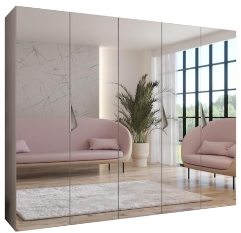 MEBLE KRYSPOL - Kleiderschrank - Garderobenschrank - 250 cm x 202 x 52 cm - Schrank mit Kleiderstange und Spiegel, 5 Türen - für Schlafzimmer, Flur - SANDI, Kaschmir, Griff Kaschmir