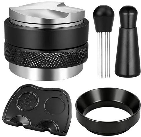 Siebträger Zubehör, Enthält Coffee Distributor 51mm Espresso Leveler Tool Edelstahl, WDT Tool Espresso Nadel mit 12 Feinen Nadeln, Tampermatte Silikon Espresso Tamper Hitzebeständig und Dosierring