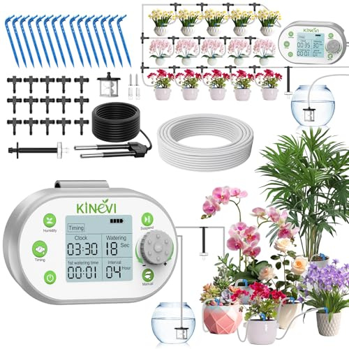 KINEVI Sistema de riego automático para 15 plantas en maceta | temporizador de agua programable con detección inteligente de humedad, adecuado para interiores, balcones