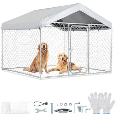 VEVOR Chenil Extérieur 2x2x1,6 m Enclos pour Chien avec Toit Cage Extérieure pour Grands Chiens Parc Robuste pour Chiens avec Bâche PE Argentée Résistante aux UV et Imperméable, Verrouillage Sécurisé