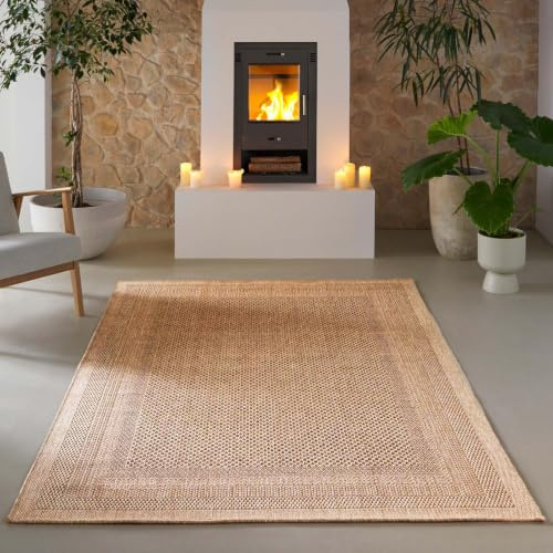 Taracarpet Borneo Bordüre Outdoor Teppich – Wetterfester Indoor & Outdoor Teppich im Sisal- Jute-Look für Balkon, Terrasse, Garten, Wohnzimmer & Esszimmer, pflegeleicht beige 140x200 cm