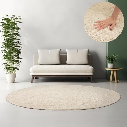 HomebyHome Teppich Rund Hochflor 160 cm Rund - Shaggy Runder Teppich Wohnzimmer Creme Extra Weich und Flauschig - Waschbarer Langflor Teppiche für Schlafzimmer, Küche, Flur - Carpet, Halı, Kilim