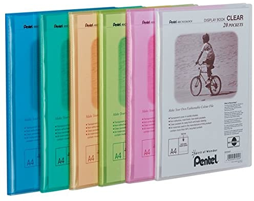 Pentel Recycology A4 Display Book Clear 20 Pocket Assorted Colours [Pack of 5]