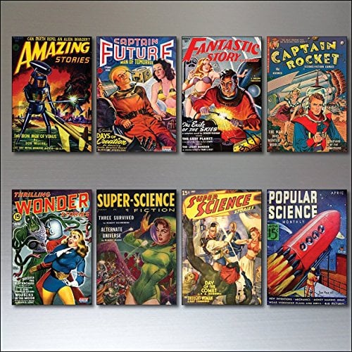 Vintage retro sci fi novels artwork set of 8 science fiction flexible fridge magnets No.2