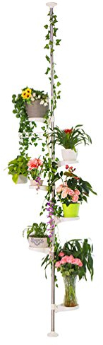 BAOYOUNI 7-Layer Indoor Plant Stands Spring Tension Pole Metal Flower Display Rack Space Saver Corner Floral Pot Hanger Shelf, Ivory